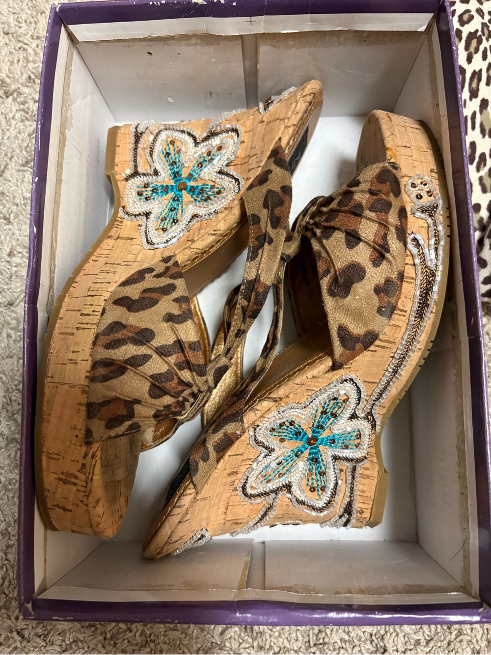 Leopard Print Wedge Sandals with Turquoise Floral Embellishment
